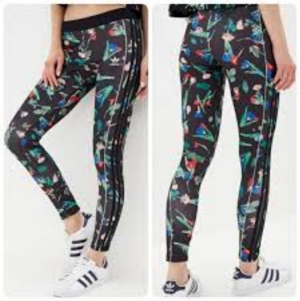 Adidas Bellista Floral Print Black Colorful Leggings Women's Small S Logo Stripe